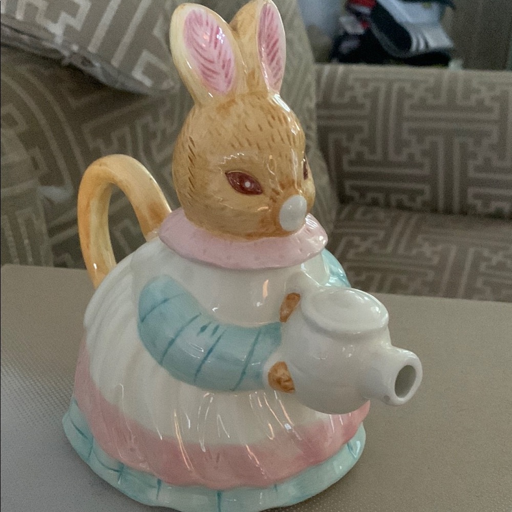 Ceramic Bunny Teapot with Pink and Blue Accents